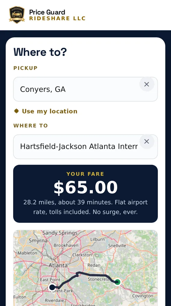The Price Guard booking app showing a $65 flat fare from Conyers to the Atlanta airport with the route on a map
