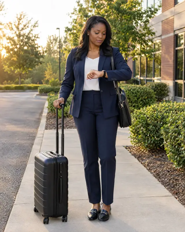A business traveler with a carry-on outside an office