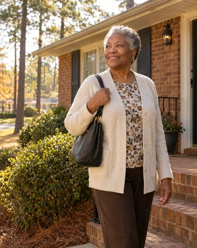 An older woman on her front steps, ready to leave for an appointment