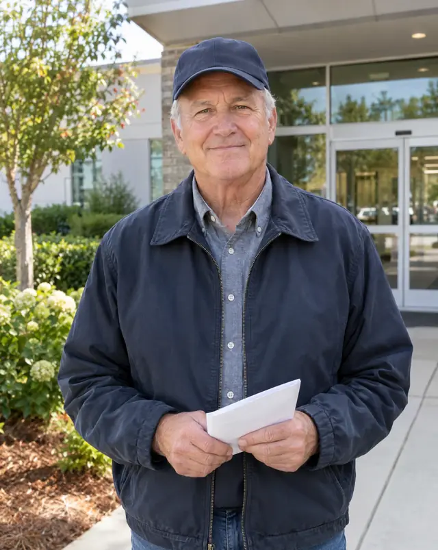 A veteran holding an appointment letter outside a clinic